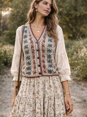 Vintage LizWear Sweater Vest Small Linen Cotton Floral Knit Boho Cottagecore